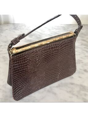 Vintage Handbag Chocolate Brown Croc Pattern with gold tone trim by After Five
